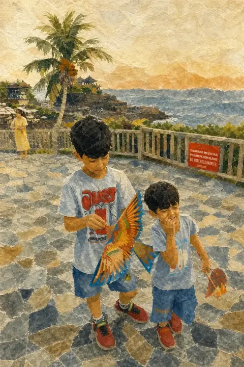 The same photograph of two children redrawn in Lineora's Hanji Collage style