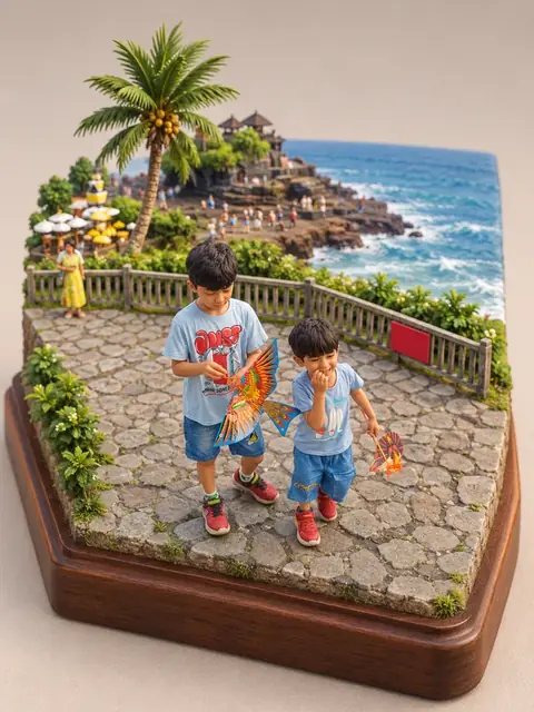 The same photograph of two children redrawn in Lineora's Miniature World style