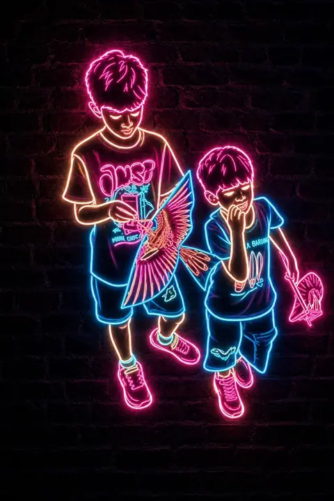 The same photograph of two children redrawn in Lineora's Neon style