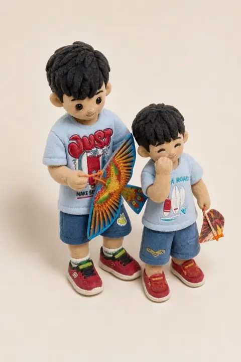 The same photograph of two children redrawn in Lineora's Plush style