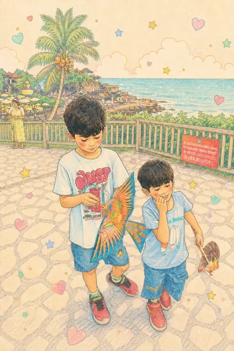 The same photograph of two children redrawn in Lineora's Retro Kawaii style