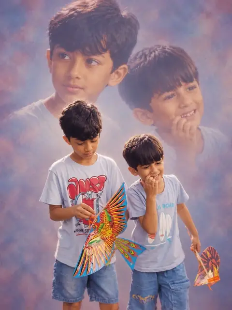 The same photograph of two children redrawn in Lineora's 80s Studio style