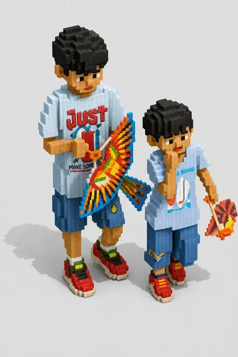 The same photograph of two children redrawn in Lineora's Voxel style