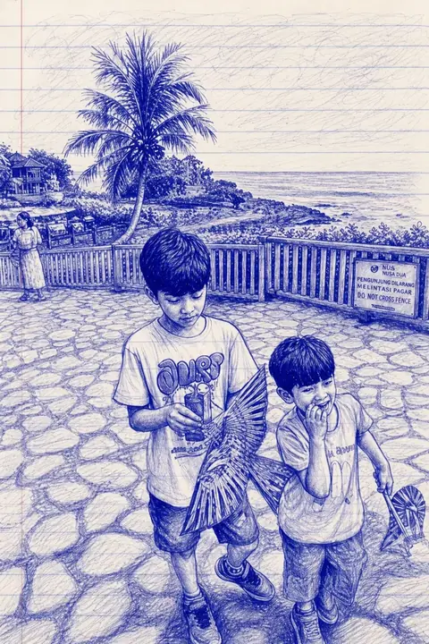 The same photograph of two children redrawn in Lineora's Ballpoint style