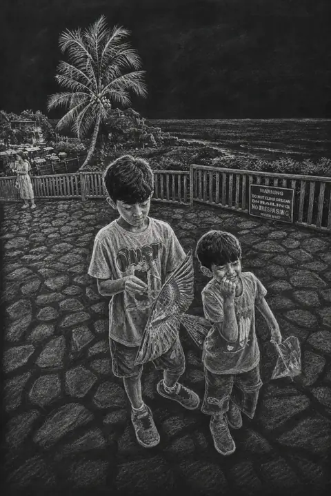 The same photograph of two children redrawn in Lineora's Chalkboard style