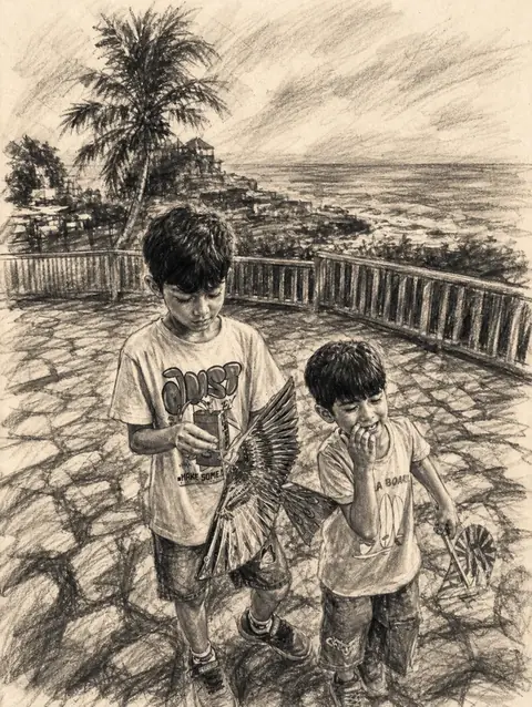 The same photograph of two children redrawn in Lineora's Charcoal style