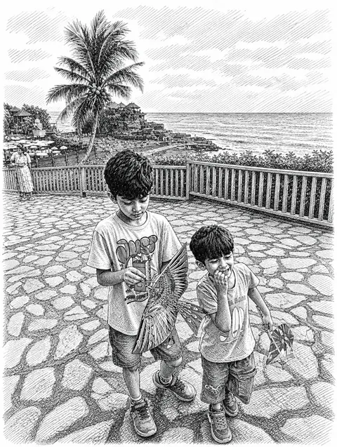The same photograph of two children redrawn in Lineora's Crosshatch style