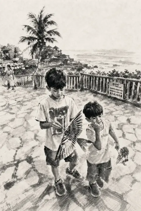 The same photograph of two children redrawn in Lineora's Ink Brush style
