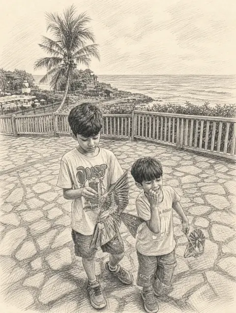 The same photograph of two children redrawn in Lineora's Pencil style