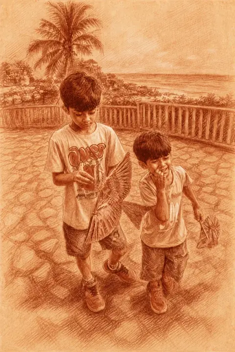 The same photograph of two children redrawn in Lineora's Sanguine style