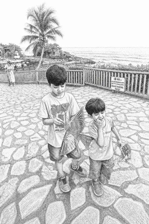 The same photograph of two children redrawn in Lineora's Stippling style