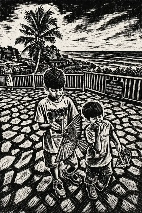 The same photograph of two children redrawn in Lineora's Woodcut style
